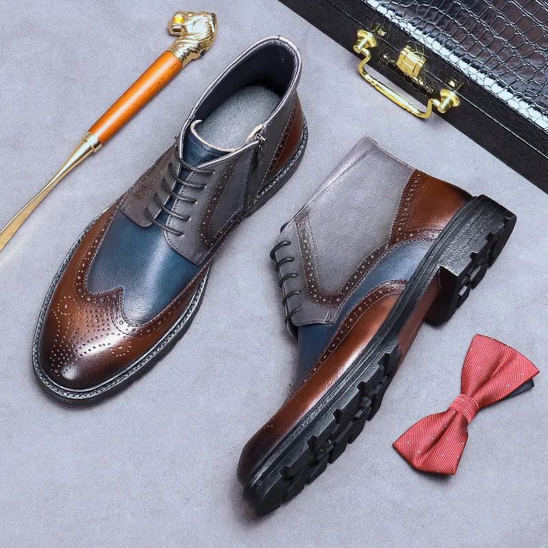 Men's coffee blue leather brogue boots with colour-block design and carved detailing on a low square heel.