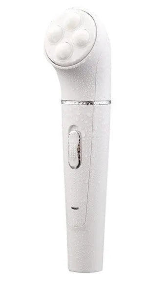 White 5-in-1 electric face and body massager scrubber with 5 interchangeable heads and rechargeable base