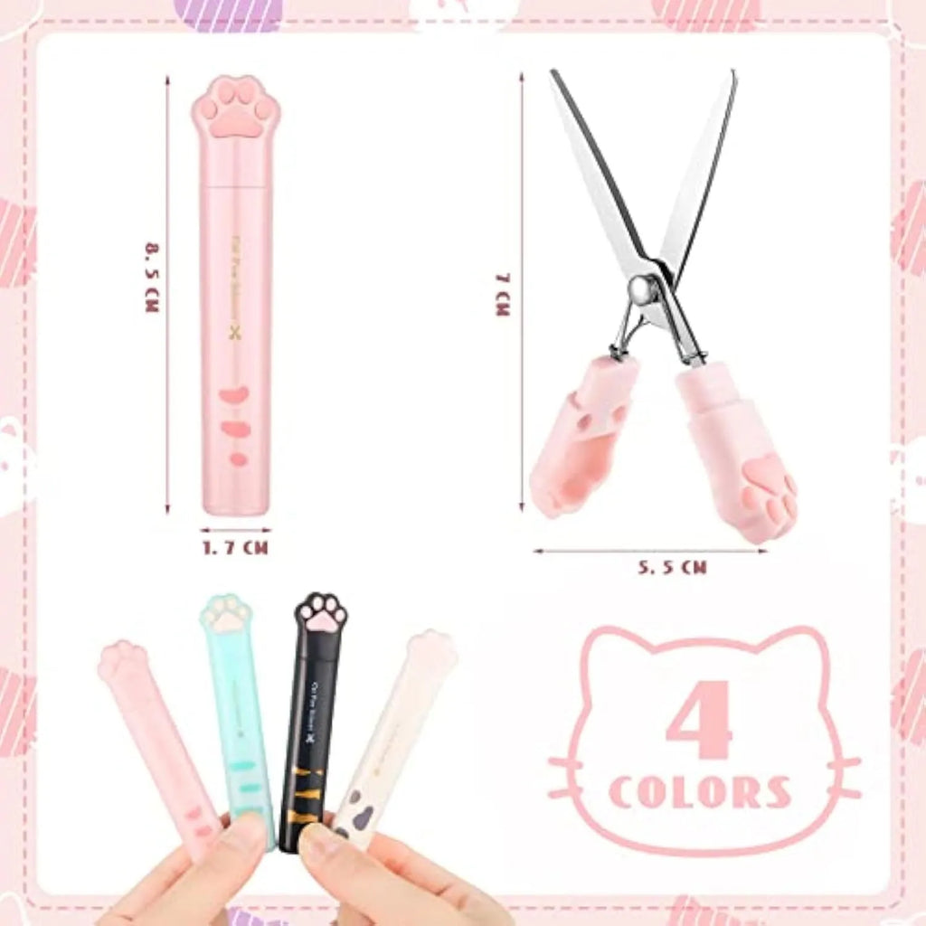 Cat paw mini folding scissors showing stainless steel blades and decorative claw design in four colour options