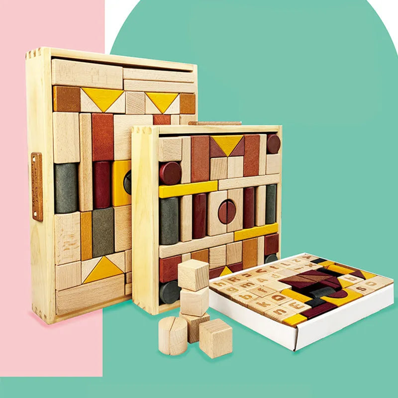 Children's educational wooden building blocks with lettering, beech wood, alphabet learning toy set