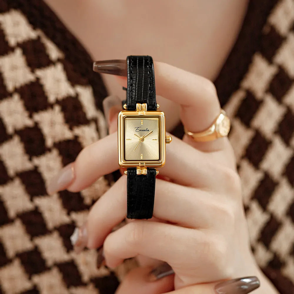 Women's retro special interest light luxury small square watch with black leather strap and gold frame