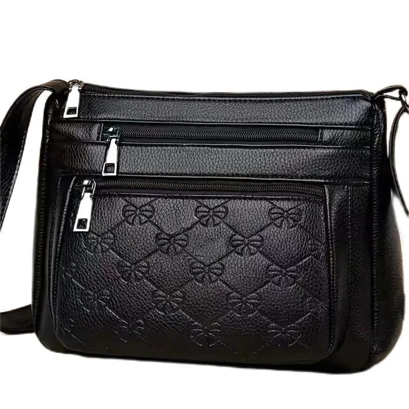 Butterfly Black horizontal square PU crossbody bag for women with external slit pocket and embossed detail