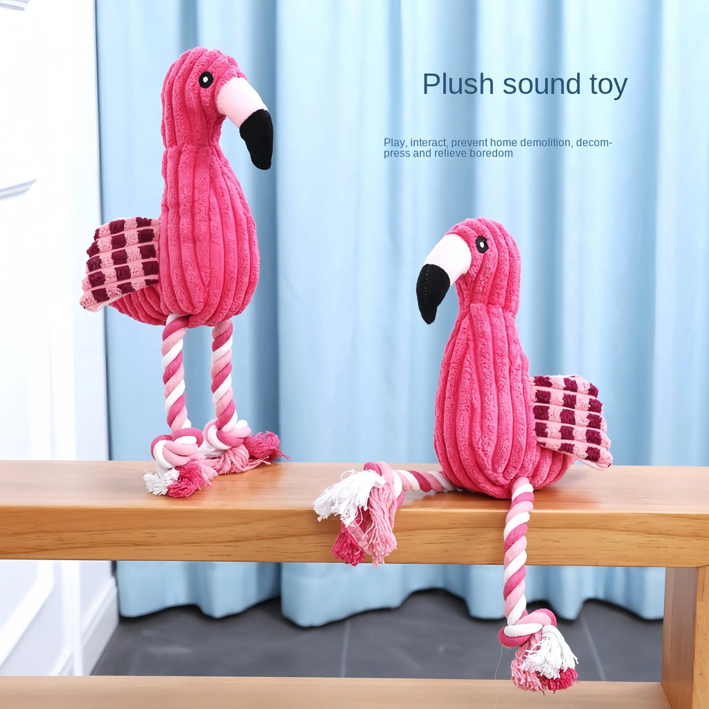 Pink animal-shaped corduroy squeaky dog toy with reinforced stitching