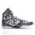 Men's high-top boxing shoes with graffiti style, black colour, front lace-up closure, mesh upper, and rubber outsole on a flat surface.