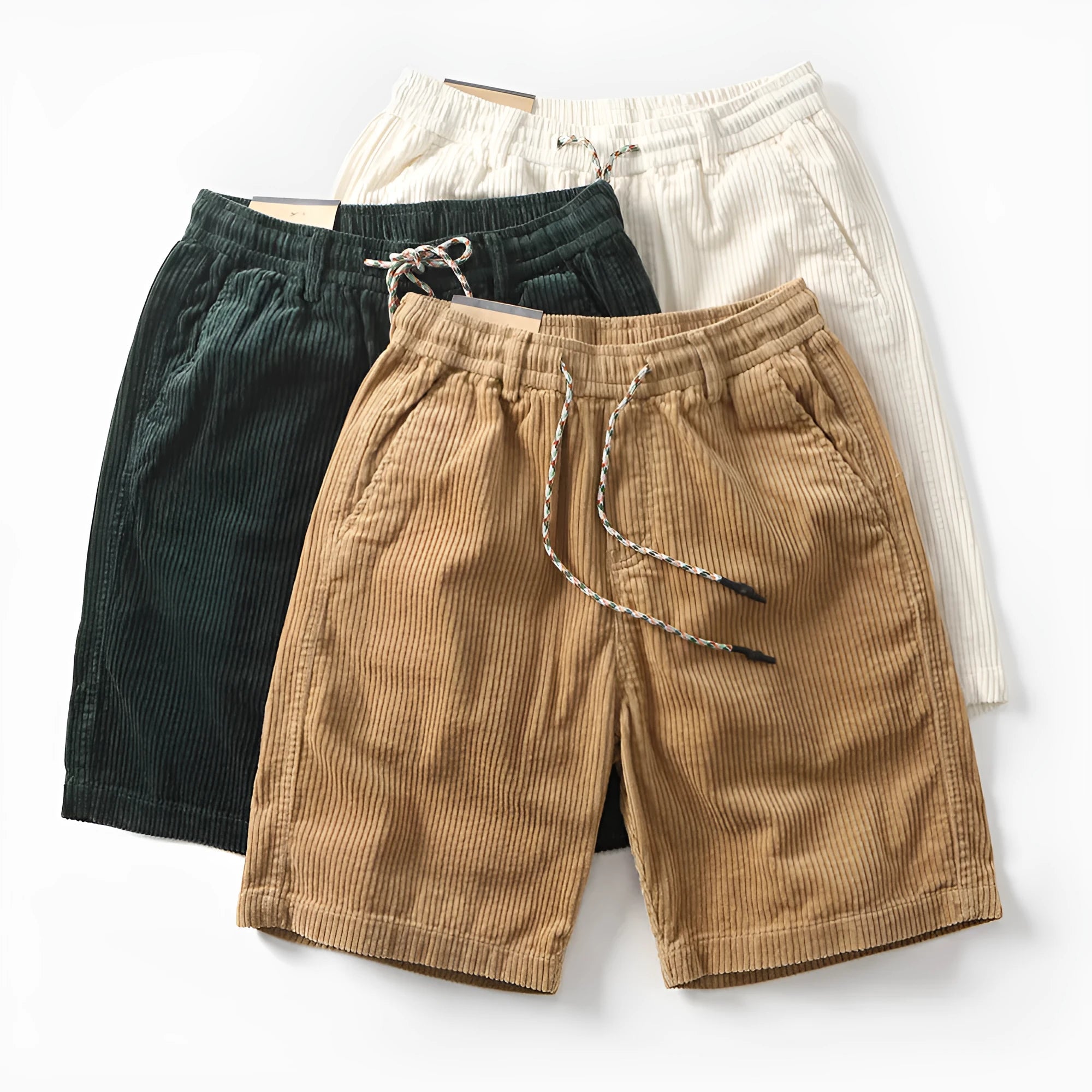 Men's khaki retro cargo shorts with multiple pockets on a straight-leg fit.