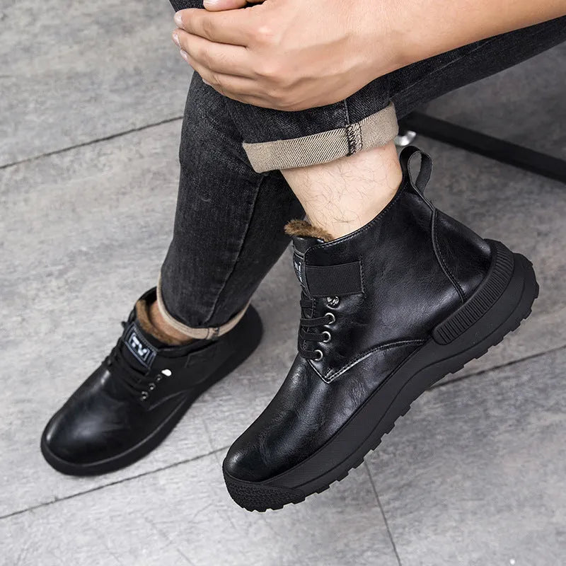 Men's high-top Martin boots in black with warm velvet lining, rubber sole, and visible sewing thread details.