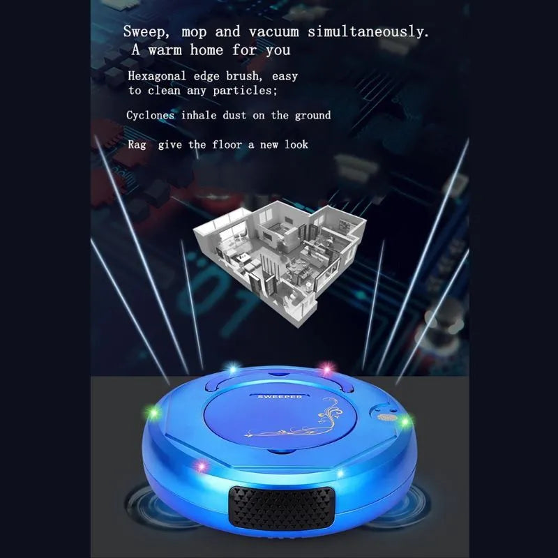 Blue Lazy Smart floor sweeping robot vacuum cleaner on a wooden floor