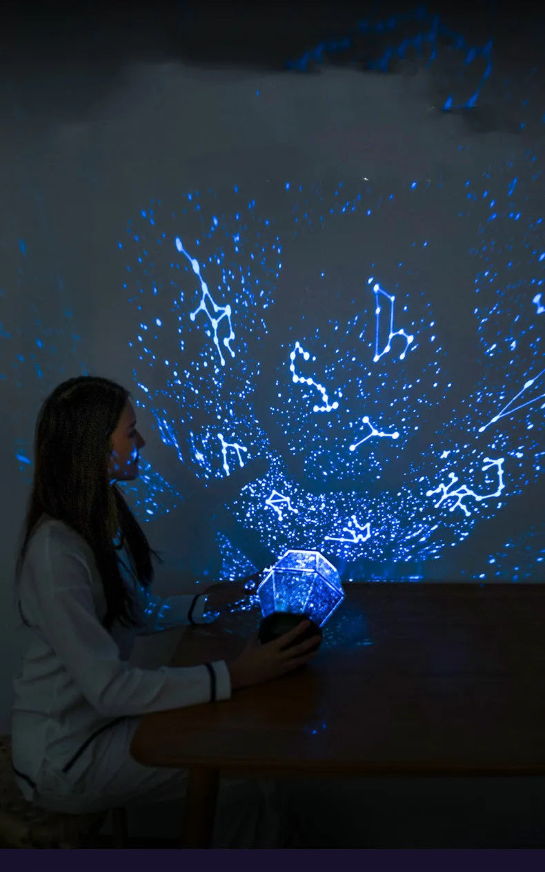 Children's rotating stars LED night light projecting three colour patterns on bedroom ceiling