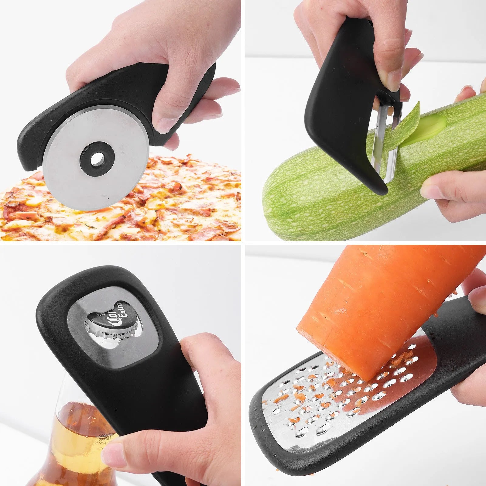 Six stackable kitchen gadget utensils and a cleaning brush in a colour box