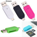 White OTG card reader showing both USB and micro USB connectors for phones and computers.