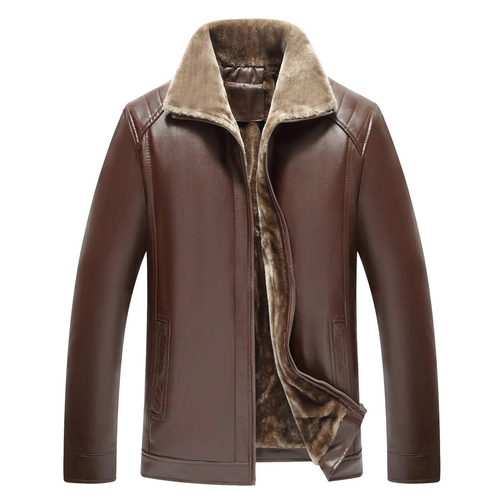 Men's fur-lined artificial leather jacket in brown, slim fit, side seam pockets