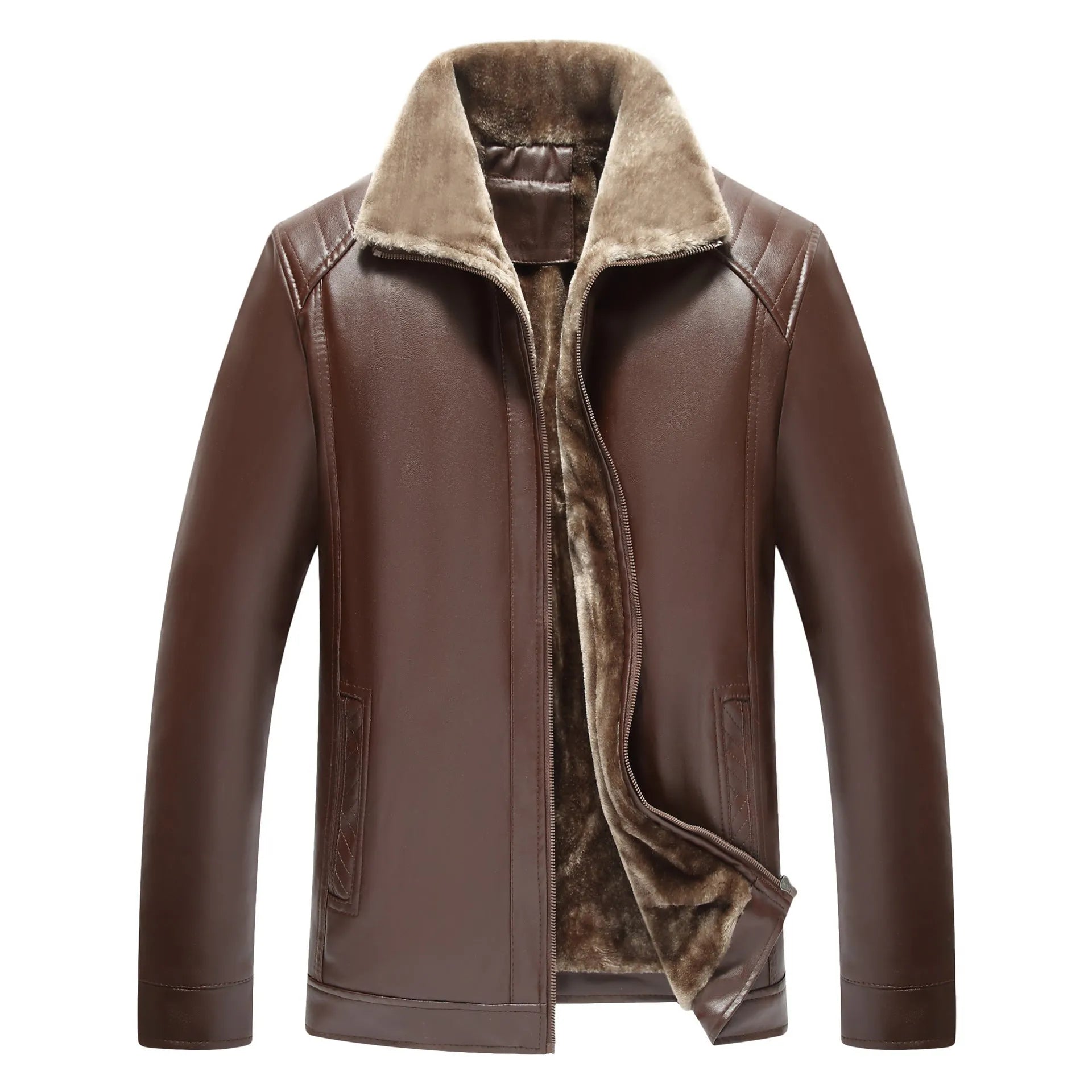 Men's fur-lined artificial leather jacket in brown, slim fit, side seam pockets