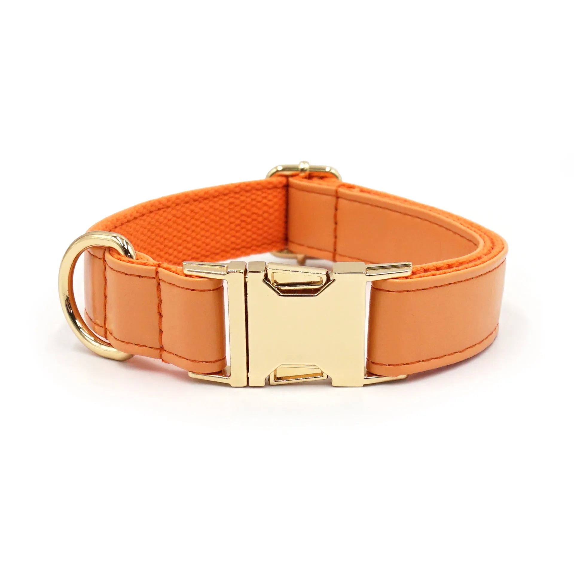 Simple colour block leather dog collar shown in caramel colour on a white background.