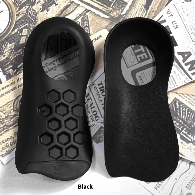 Pair of white TPR arch support insoles for varus correction, showing raised medial arch design.