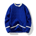Men's loose fit grey acrylic and modal pullover sweater with long sleeves on a hanger.