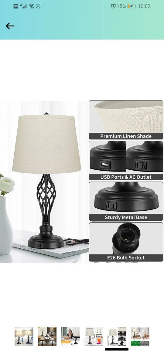 European style alloy bedside table lamp with touch dimming controls and USB charging socket