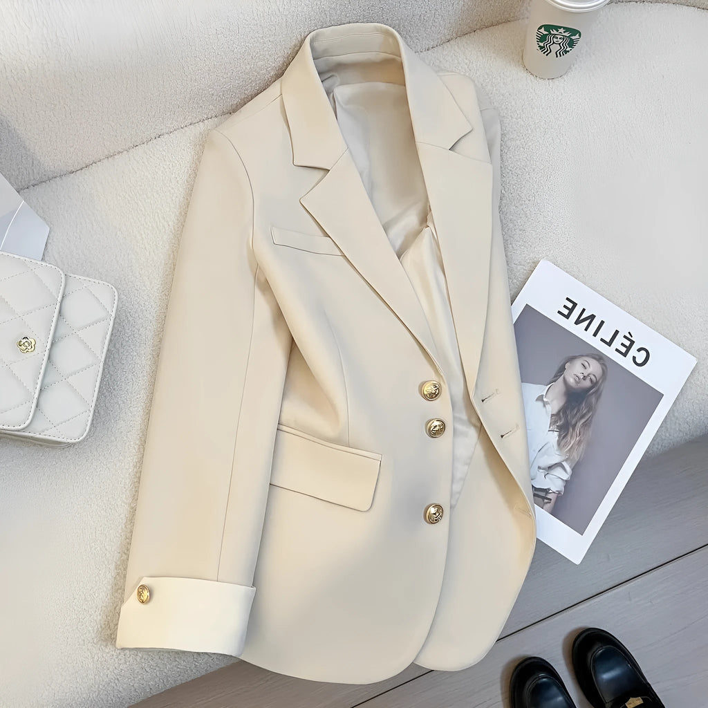 Korean-style women's mid-length coat in milky white with loose fit and pockets