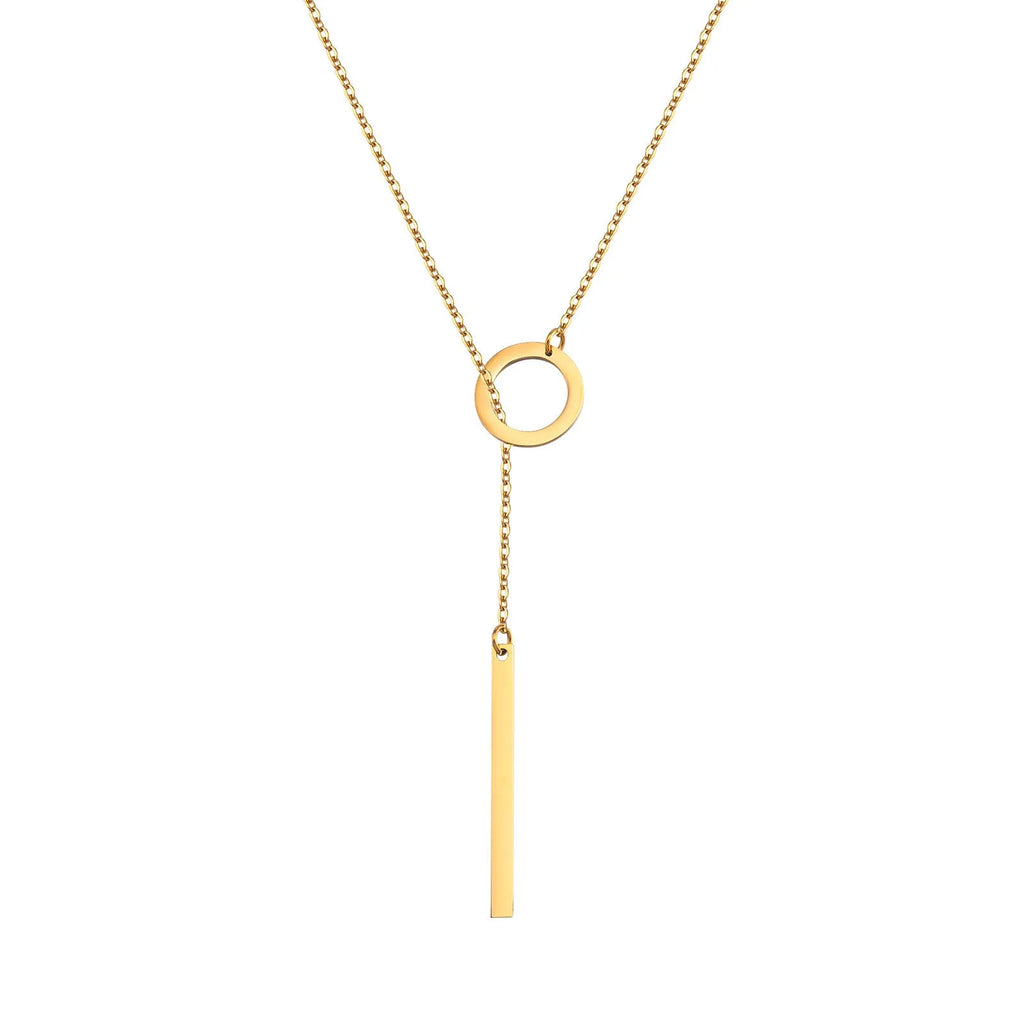Gold stainless steel cross chain necklace with round ring pendant on O-link chain for women