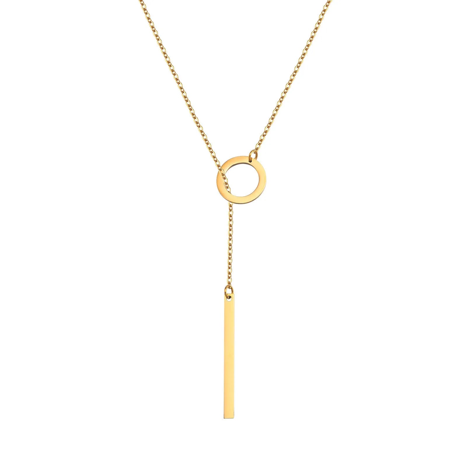Gold stainless steel cross chain necklace with round ring pendant on O-link chain for women
