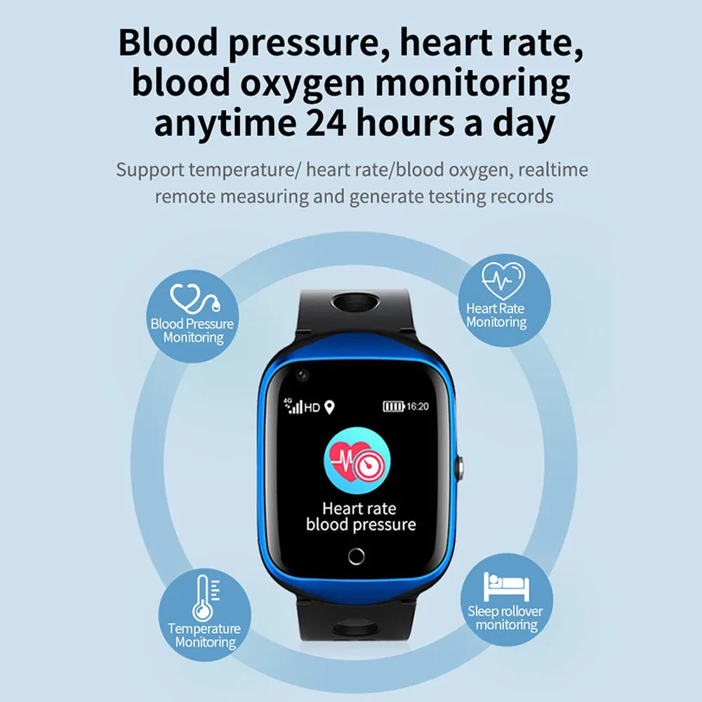 Black GPS smartwatch for the elderly with square screen and silicone strap, showing SOS button.