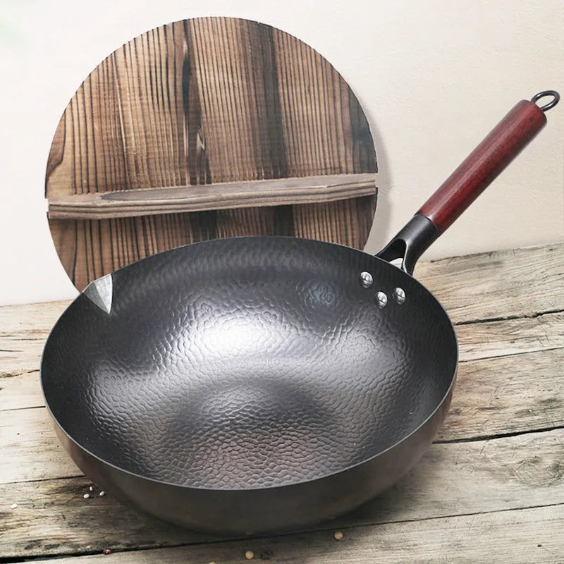 40cm traditional black iron wok with wooden handle and glass lid option