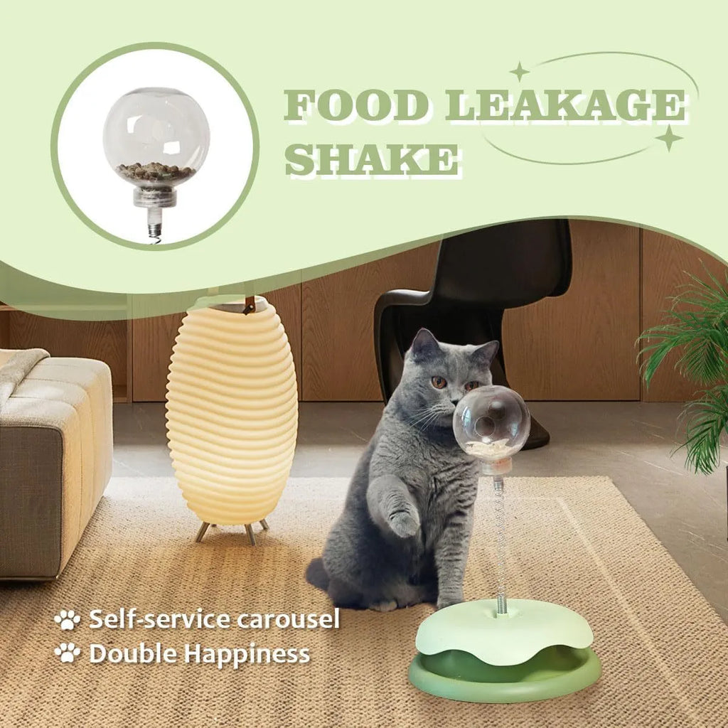 Blue cat treat dispenser toy with track ball design for interactive feeding and play