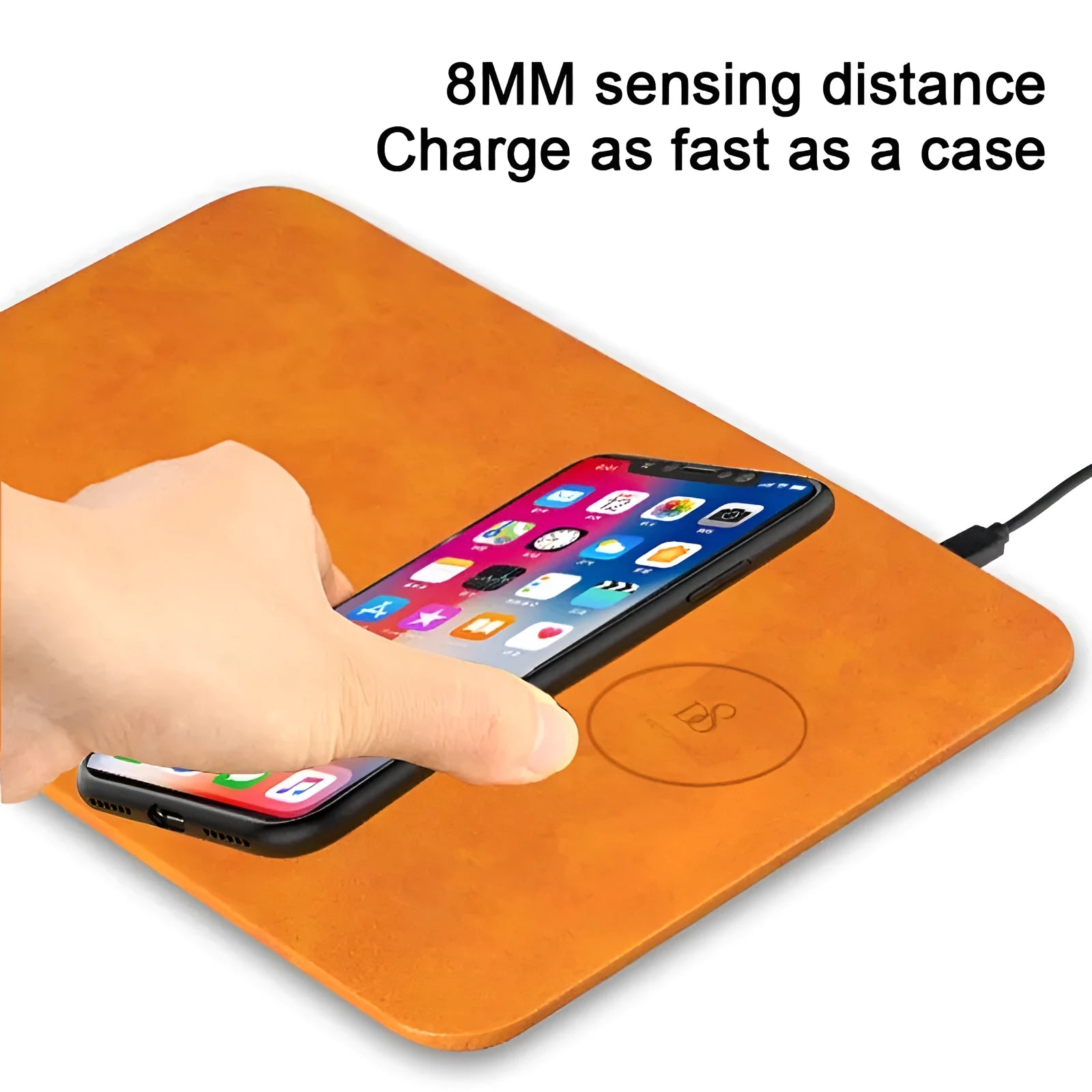 Brown leather wireless charging mouse pad with micro USB cable for fast device charging