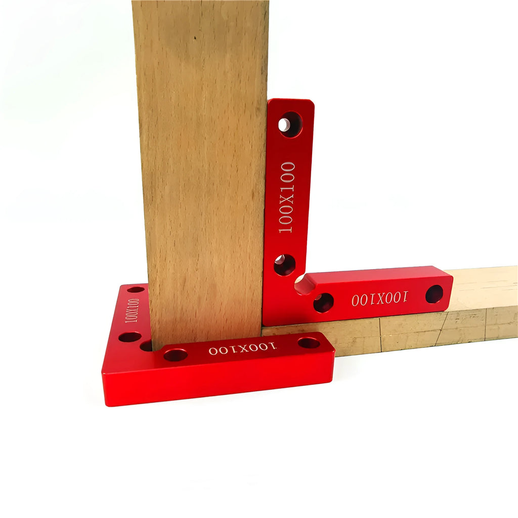 Aluminium right angle positioning block for woodworking jigsaw on a workbench.