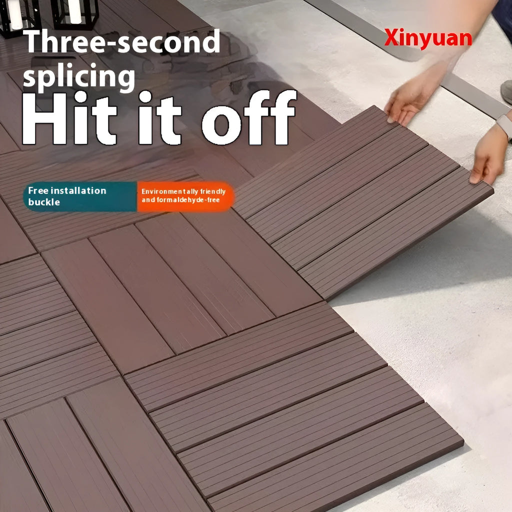 Plastic floor tile with wood grain pattern, showing non-slip surface, 300mm square dimensions.