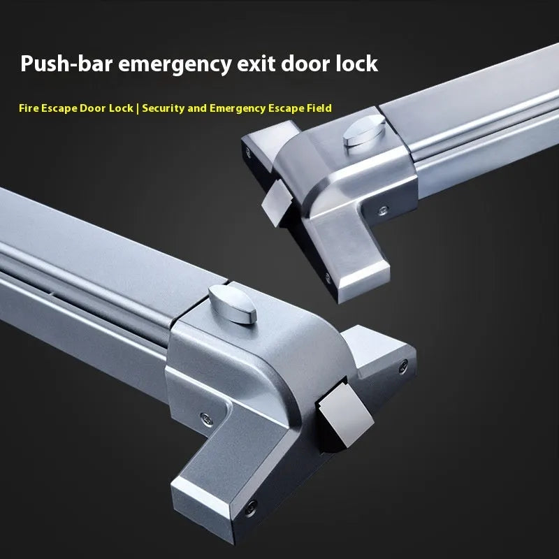 Stainless steel fire door push lock with external handle on a baked paint door