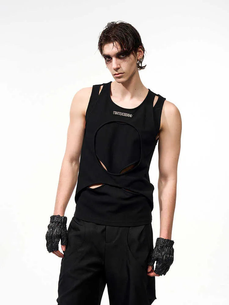 Men's black sleeveless waistcoat vest with hollow thread summer design