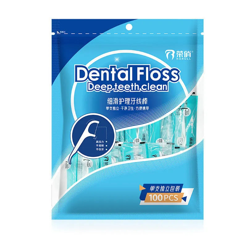 Portable dental floss in plastic packaging measuring 180x238mm with 100 or 108 piece options