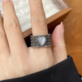 Retro wide-faced adjustable ring with heart shape and moon design in white copper plated silver