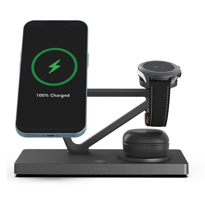 Five-in-one wireless charging night lamp showing magnetic bracket, watch charging position, and circular base station