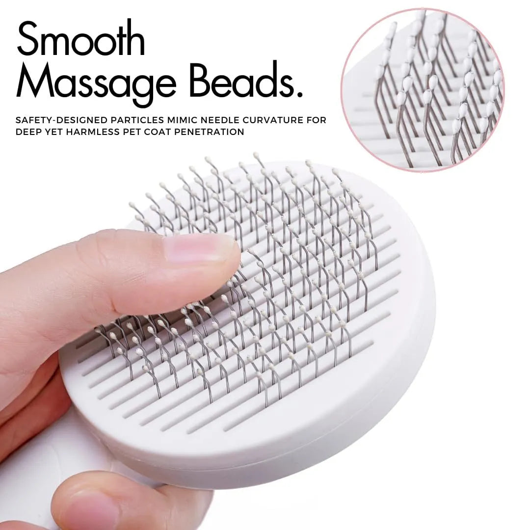 Blue grey pink self-cleaning pet grooming brush with stainless steel tips and rubber handle for dogs cats