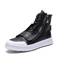 Men's black and white PU leather winter ankle boots in high-top sneaker style with microfiber upper