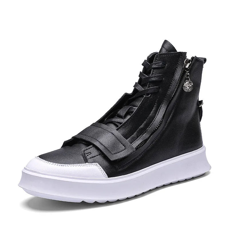 Men's black and white PU leather winter ankle boots in high-top sneaker style with microfiber upper