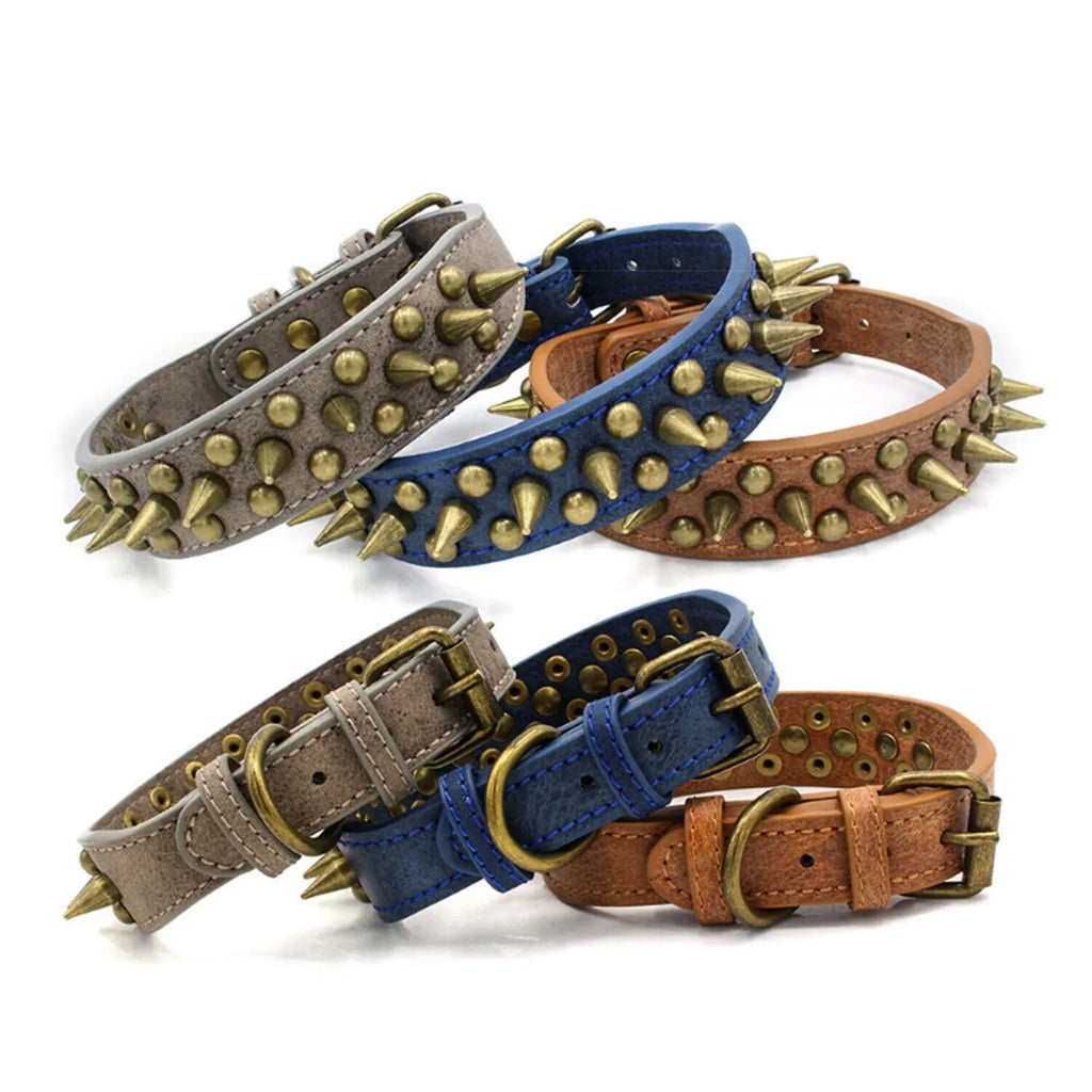 Retro studded spiked rivet PU faux leather dog collar in blue with metal D ring buckle on white background