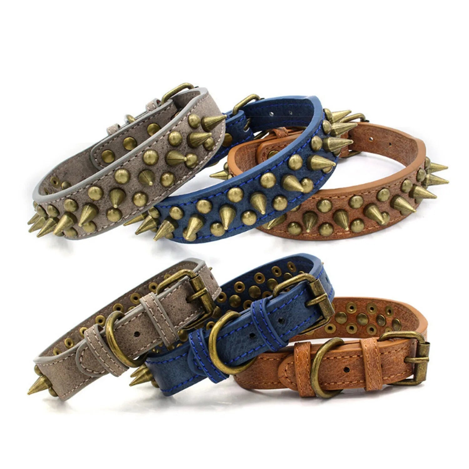 Retro studded spiked rivet PU faux leather dog collar in blue with metal D ring buckle on white background