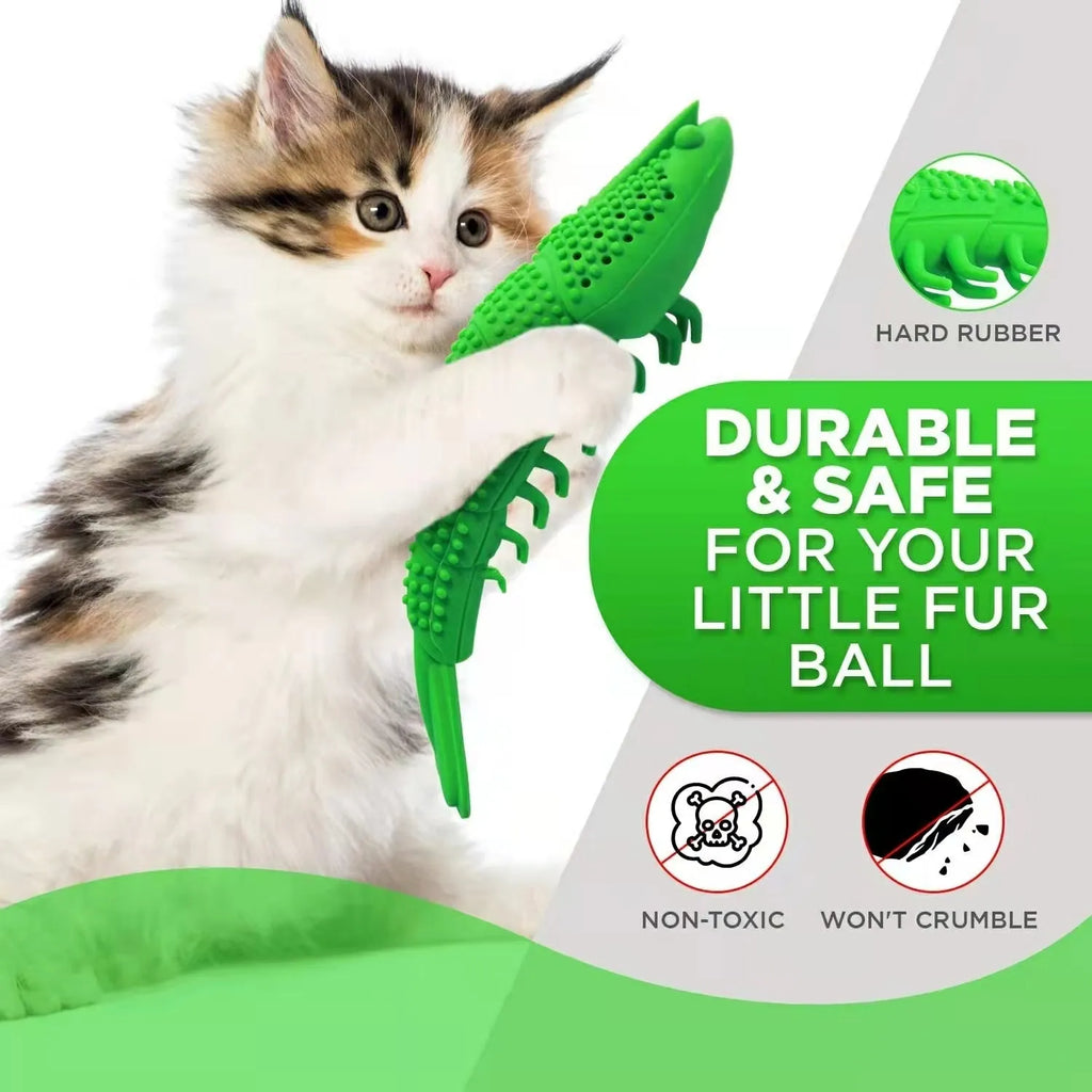 Blue hard rubber cat toy with textured bristles for teeth cleaning and interactive play