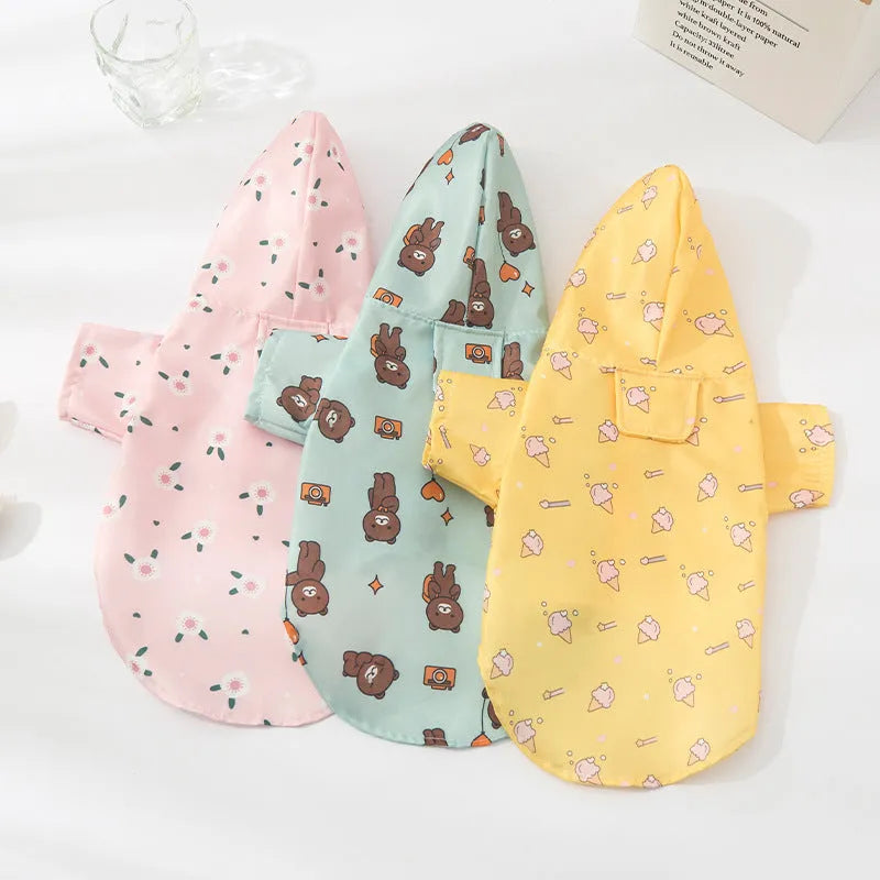 Fashion Pet Raincoat Dog Clothing in polyester with Cute Travel Bear print, available in sizes S to XL