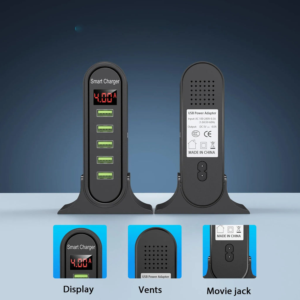 Smart black USB charger with LED digital display and UK plug, showing 5V output.