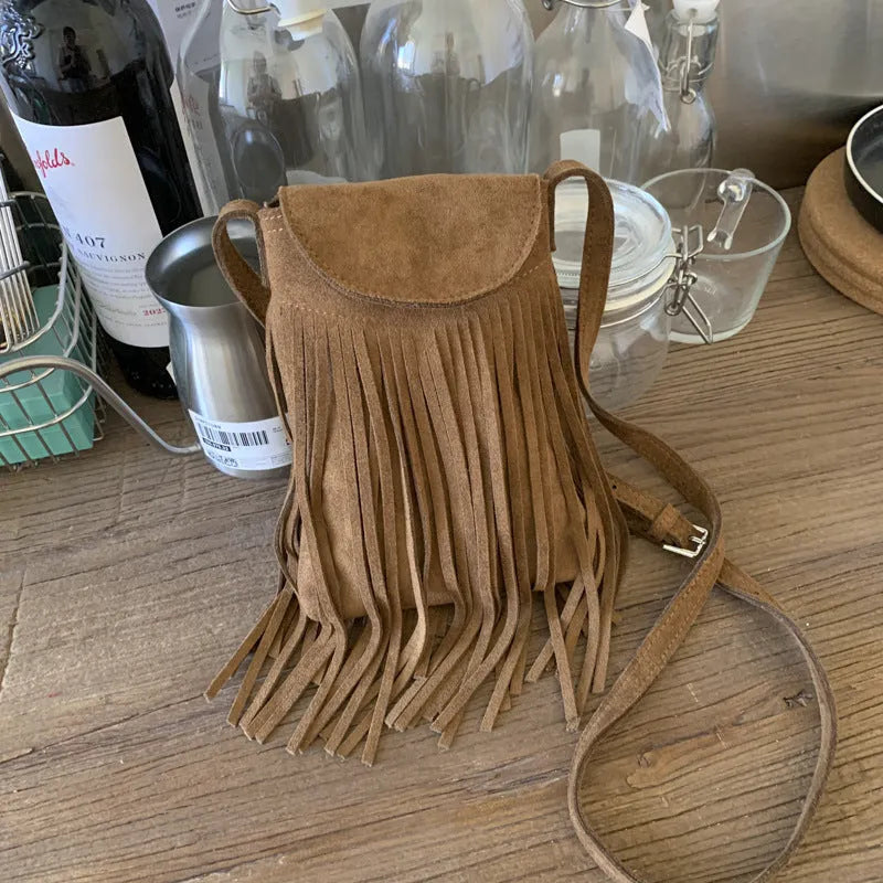 Retro frosted suede mobile phone messenger bag with tassel, available in multiple colours, 13cm length