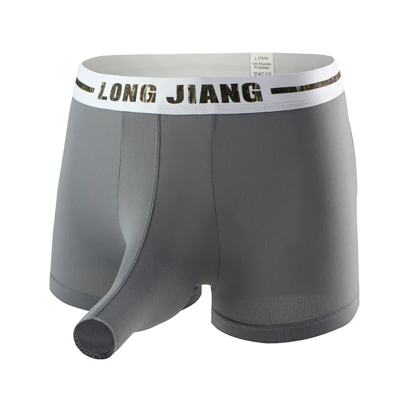 Men's ice silk boxer shorts in solid colour with trunk open design and mid waist.