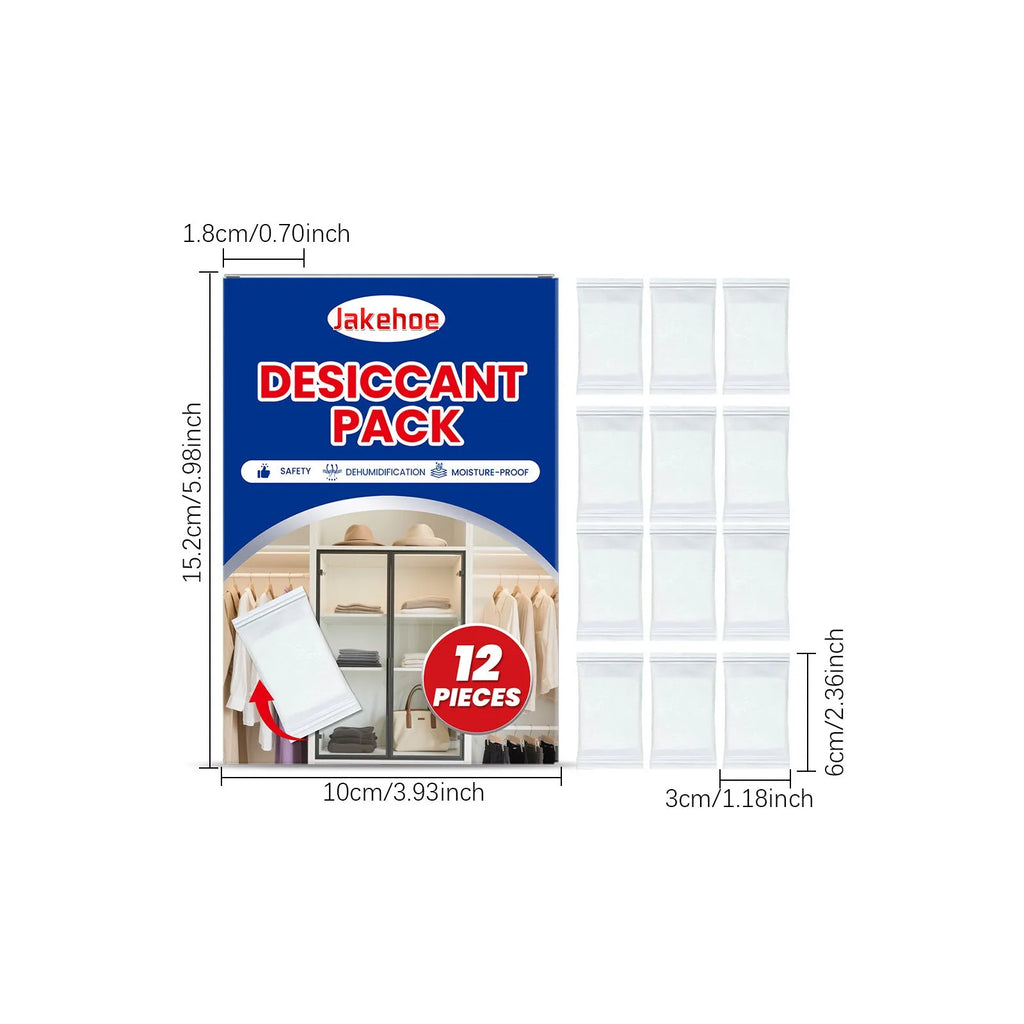 Pack of twelve white calcium chloride desiccant packets for household moisture and odour control.