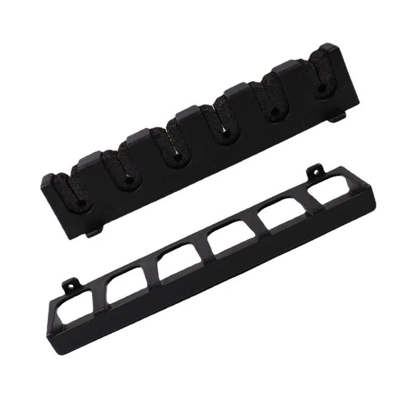 Black ABS plastic wall-mounted fishing rod holder for vertical rod storage organisation