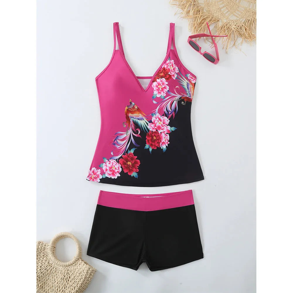 Plus size women's two-piece swimsuit in black or rose red with printed design