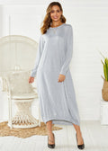 A loose black lantern dress with a lace-up crew neck, shown on a model.