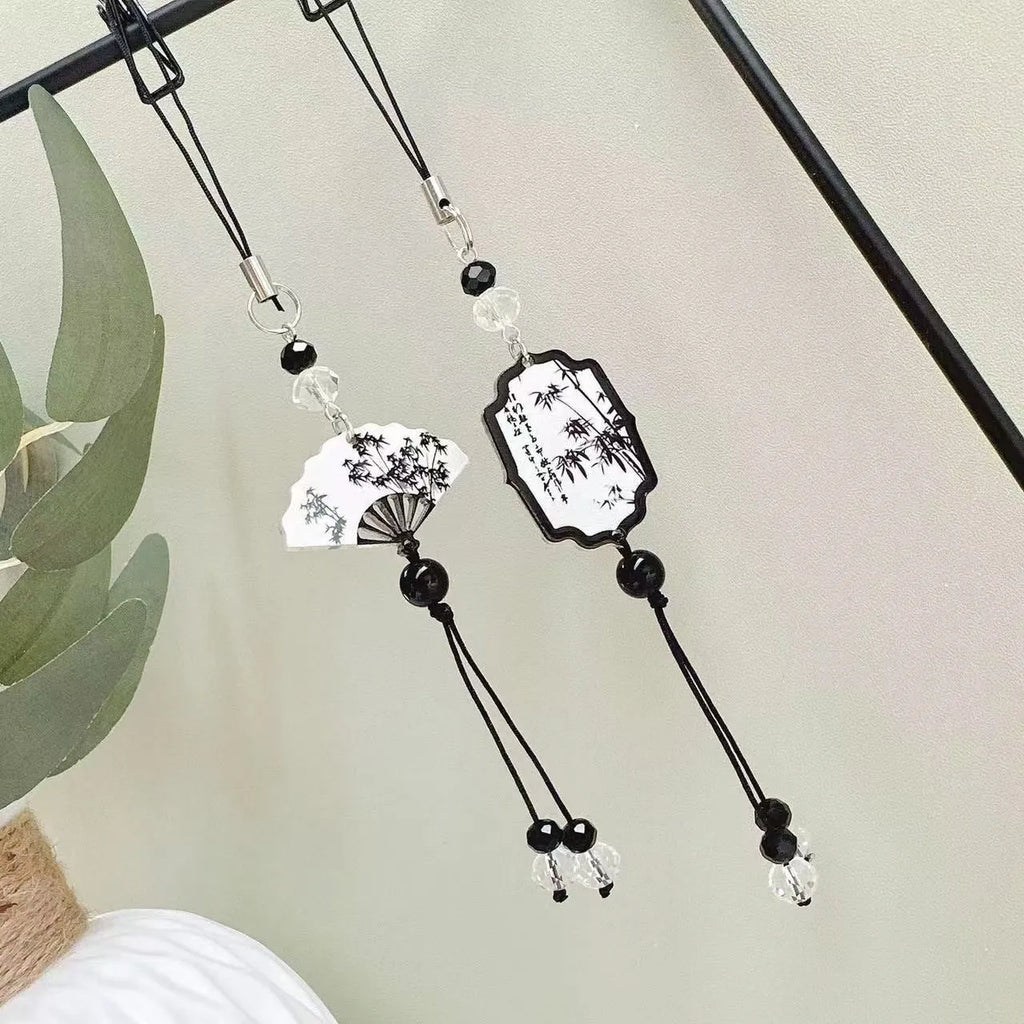 Guofeng Chinese style beaded keychain with detailed plant and flower pattern in Fan or Poetry colour.
