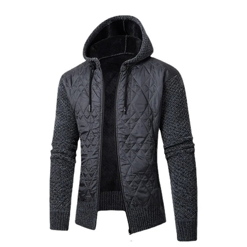 Men's grey hooded sweater coat in cinched corduroy style with wool composition